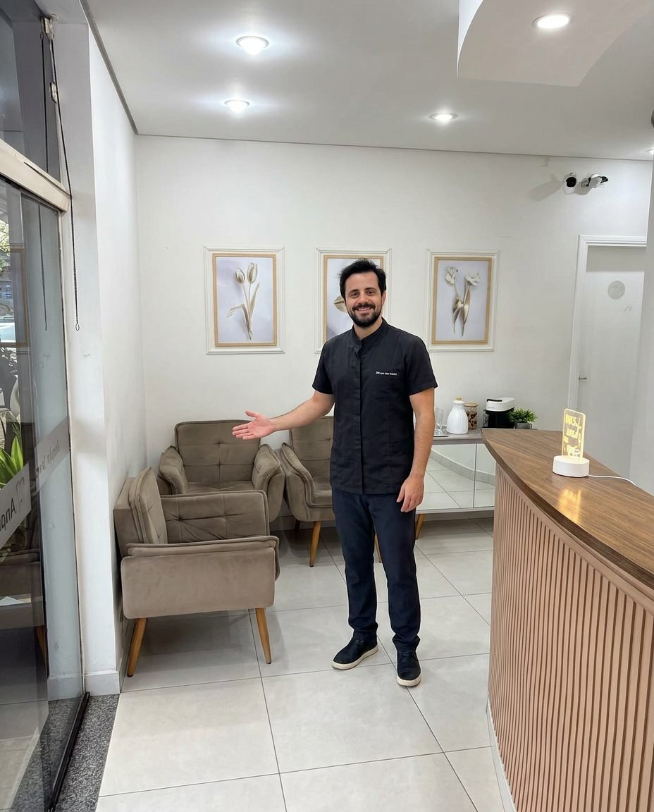 Dr. Alceu Gaiga Junior recebendo um paciente na recepção da clínica